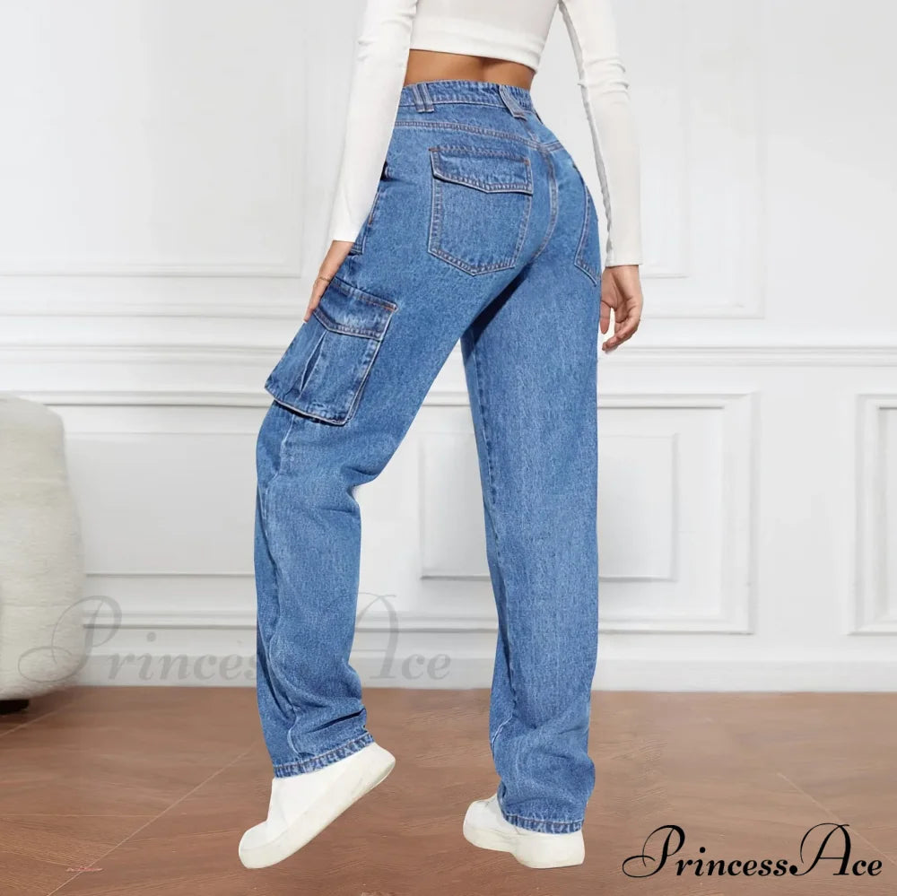 2024 Blue Autumn Cargo Women High Waist Button Pocket Denim Pants Quality Female Cowboy Jeans