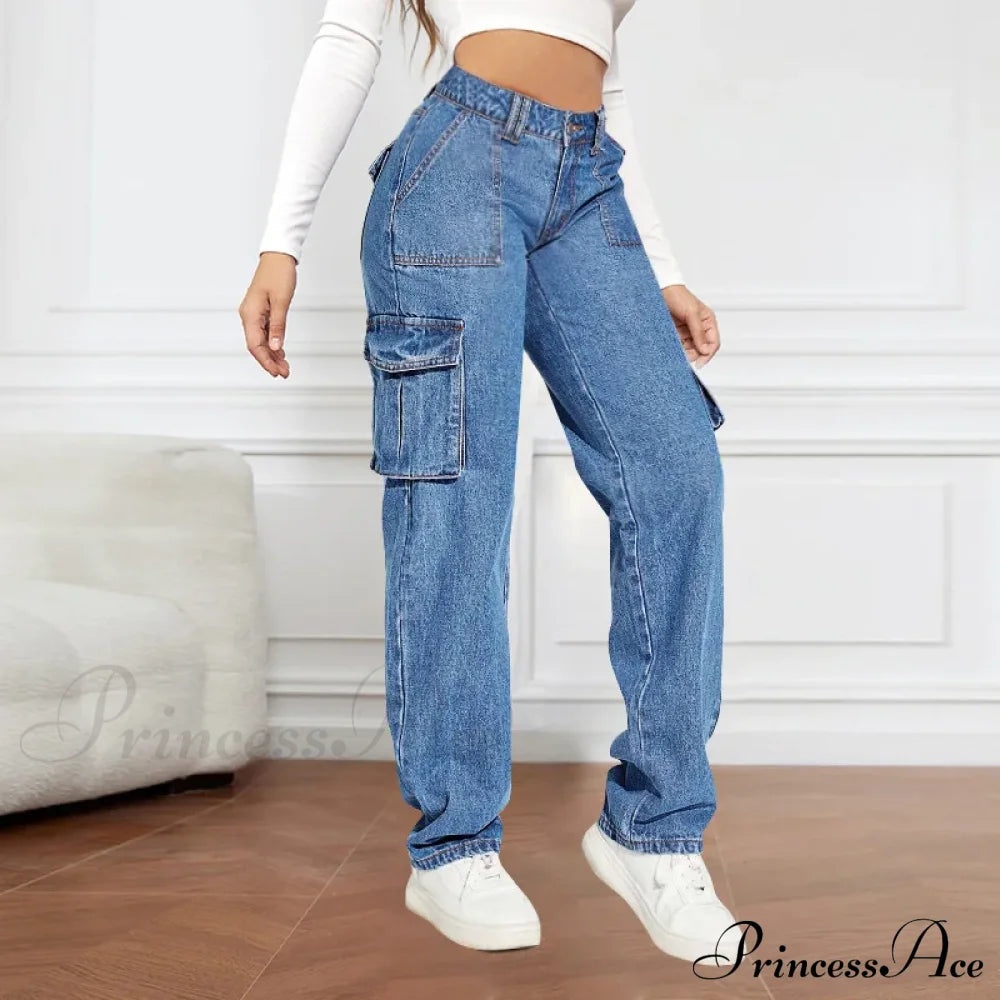 2024 Blue Autumn Cargo Women High Waist Button Pocket Denim Pants Quality Female Cowboy Jeans