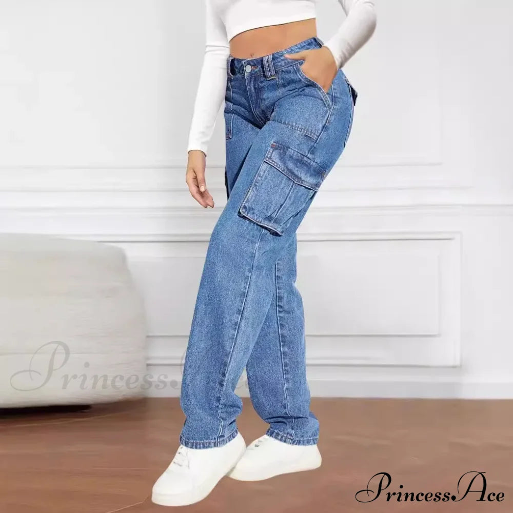 2024 Blue Autumn Cargo Women High Waist Button Pocket Denim Pants Quality Female Cowboy Jeans