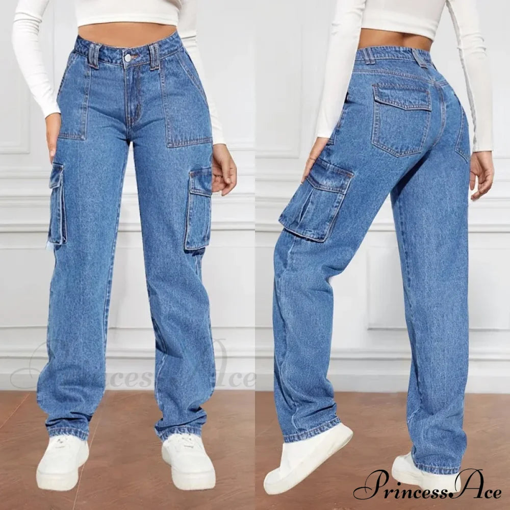 2024 Blue Autumn Cargo Women High Waist Button Pocket Denim Pants Quality Female Cowboy Jeans