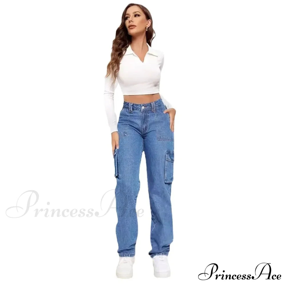 2024 Blue Autumn Cargo Women High Waist Button Pocket Denim Pants Quality Female Cowboy Jeans / S