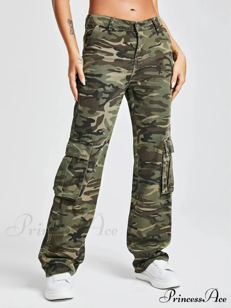 2024 Camouflage Women’s Cargo High Wist Vintage Baggy Denim Straight Casual Fashion Jean