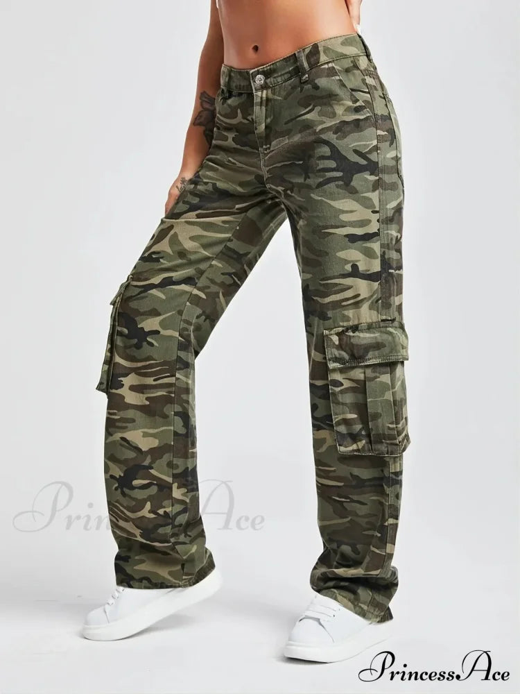 2024 Camouflage Women’s Cargo High Wist Vintage Baggy Denim Straight Casual Fashion Jean