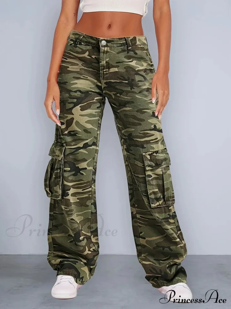 2024 Camouflage Women’s Cargo High Wist Vintage Baggy Denim Straight Casual Fashion Jean