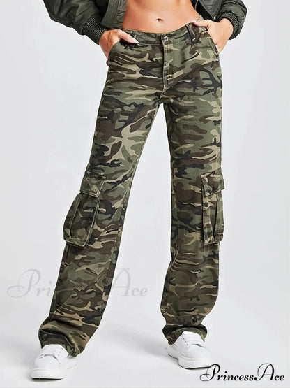 2024 Camouflage Women’s Cargo High Wist Vintage Baggy Denim Straight Casual Fashion Jean