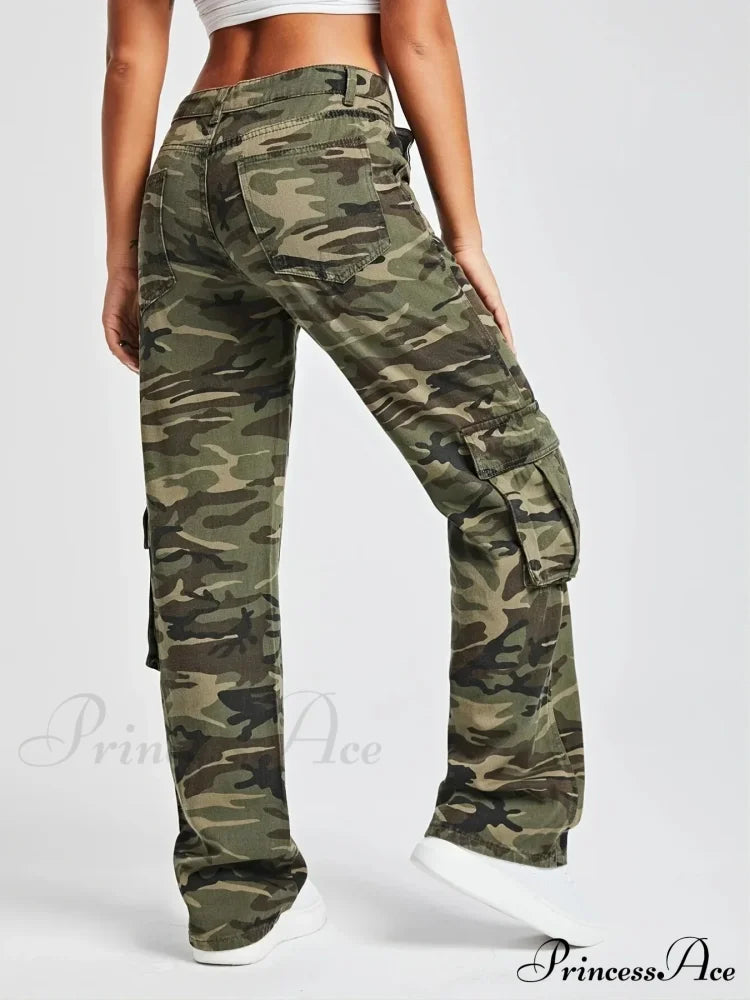 2024 Camouflage Women’s Cargo High Wist Vintage Baggy Denim Straight Casual Fashion Jean