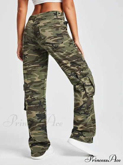 2024 Camouflage Women’s Cargo High Wist Vintage Baggy Denim Straight Casual Fashion Jean