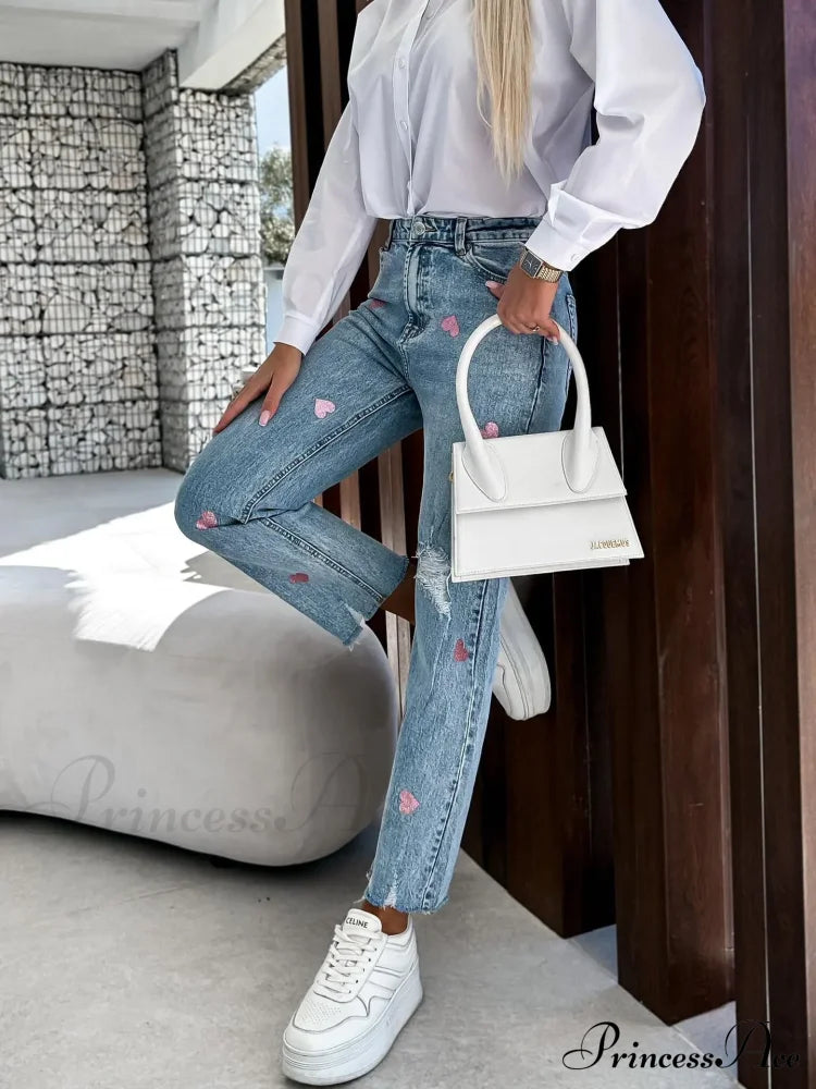 2024 Casual Star Printed Women High Waist Elegant Denim Fashion Ripped Hole Streetwear Jean