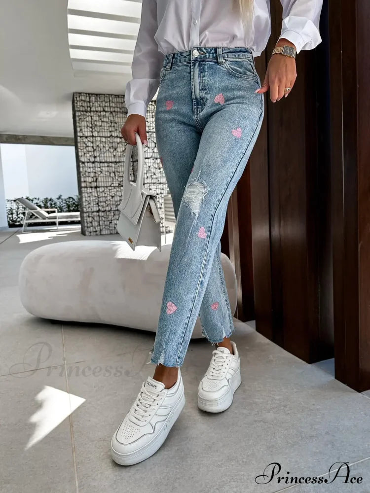 2024 Casual Star Printed Women High Waist Elegant Denim Fashion Ripped Hole Streetwear Jean