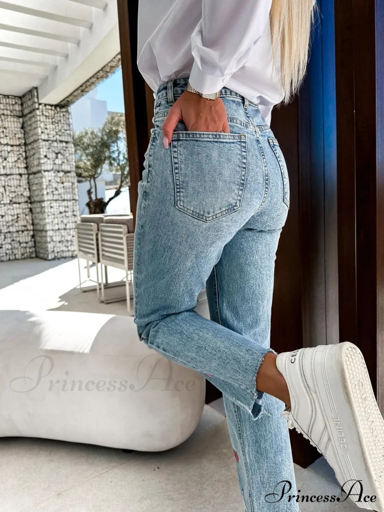 2024 Casual Star Printed Women High Waist Elegant Denim Fashion Ripped Hole Streetwear Jean