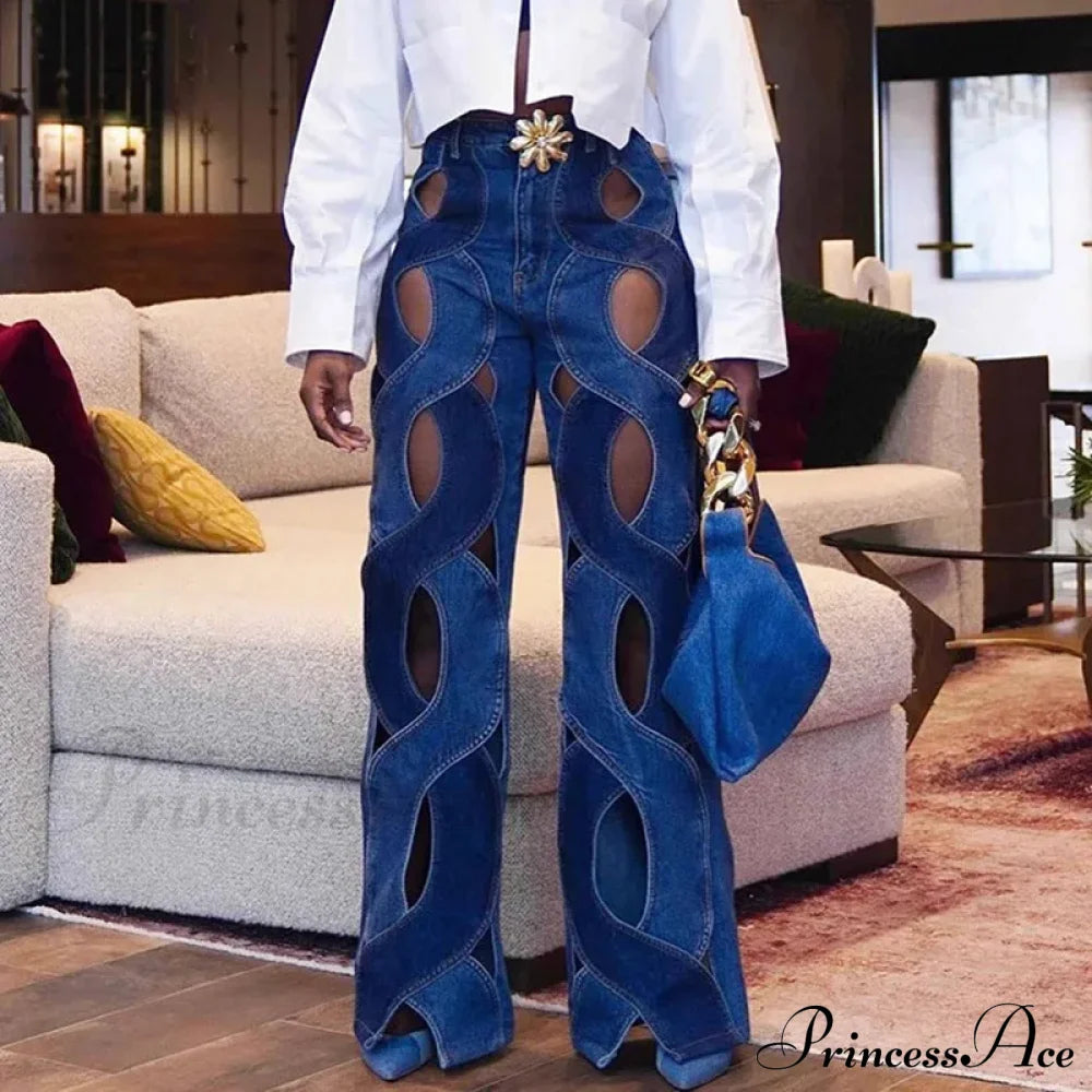 2024 Criss Cross Hollow Out Casual Streetwear Straight Denim Fashion Wide Leg Jean Blue / S