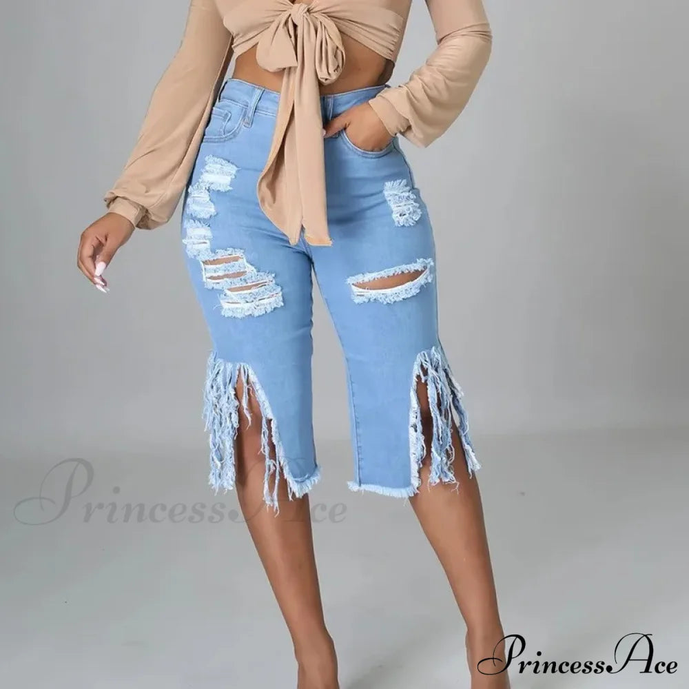 2024 Elastic Tassle Flare Knee Length Denim Pants Women Sexy Fashion High Waist Hole Ripped Street