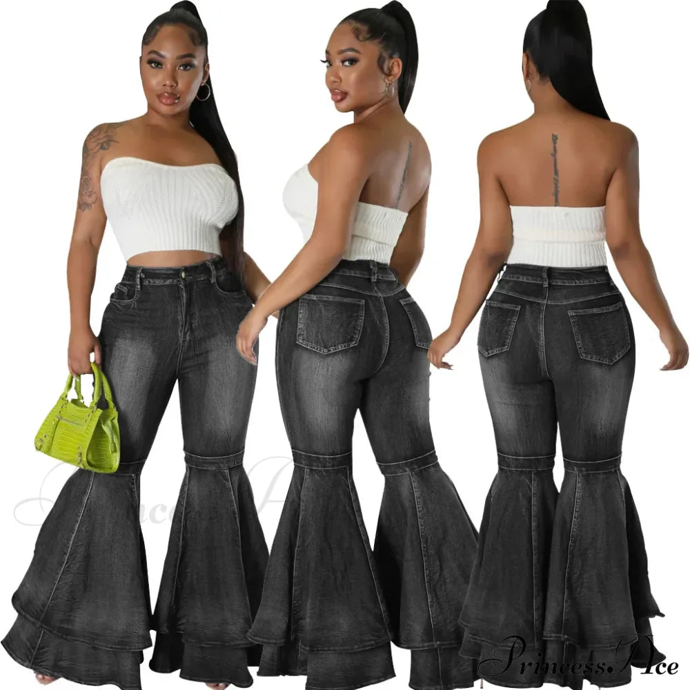 2024 Fashion High Waist Flare Casual Stretch Skinny Streetwear Denim Bellbottoms Jean Black / S