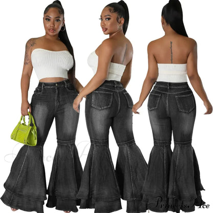 2024 Fashion High Waist Flare Casual Stretch Skinny Streetwear Denim Bellbottoms Jean Black / S