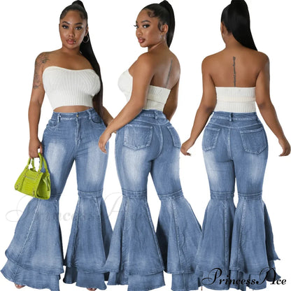 2024 Fashion High Waist Flare Casual Stretch Skinny Streetwear Denim Bellbottoms Jean Light Blue / S