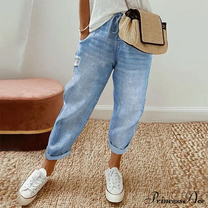 2024 Fashion Women Drawstring Loose Causal Pocket Daily Vintage Streetwear Long Jean Light Blue / S