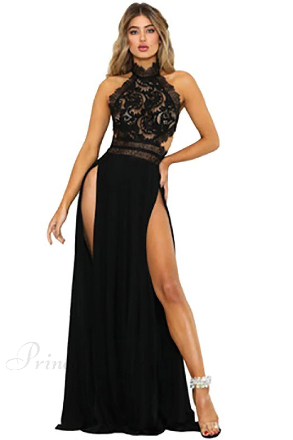2024 Lady’s Sexy See-Through Lace Nude Back High Slit Dress