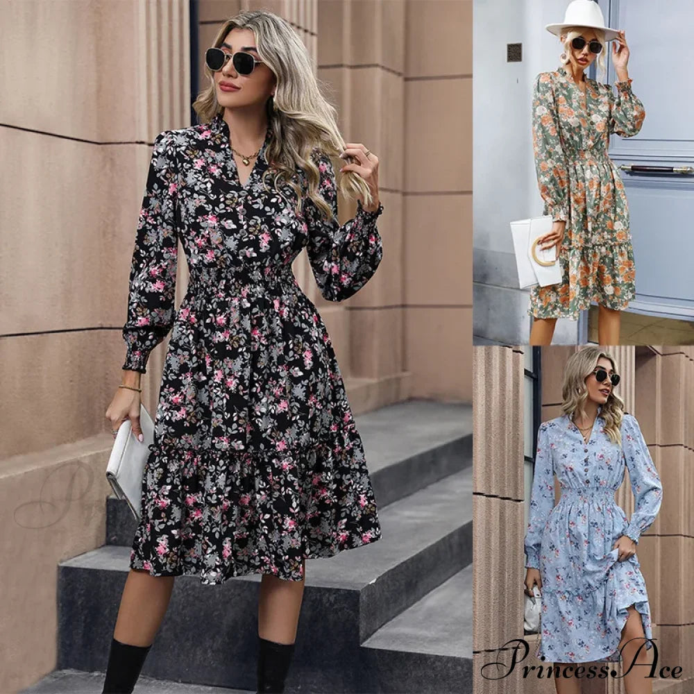 2024 Long Sleeve Printed A-Link Skirt Vestido De Cuello V Cerrado Summer Women Clothing Floral Dress