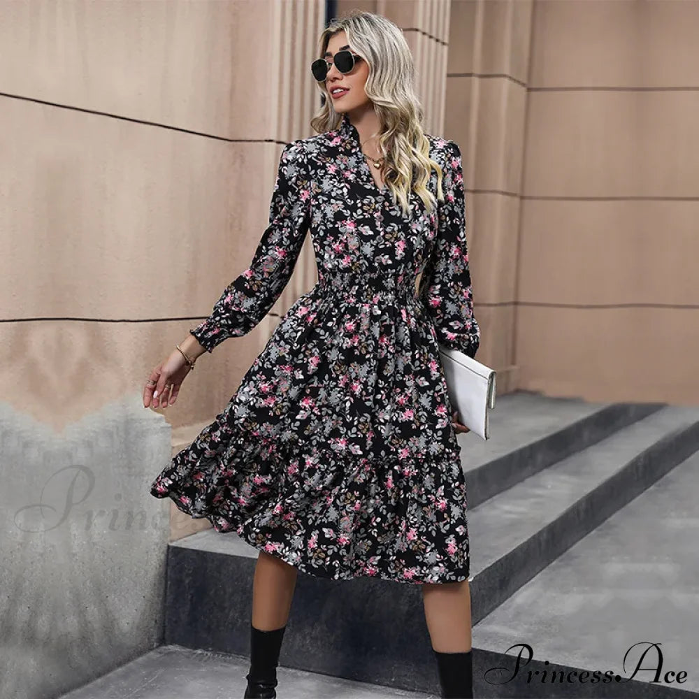 2024 Long Sleeve Printed A-Link Skirt Vestido De Cuello V Cerrado Summer Women Clothing Floral Dress