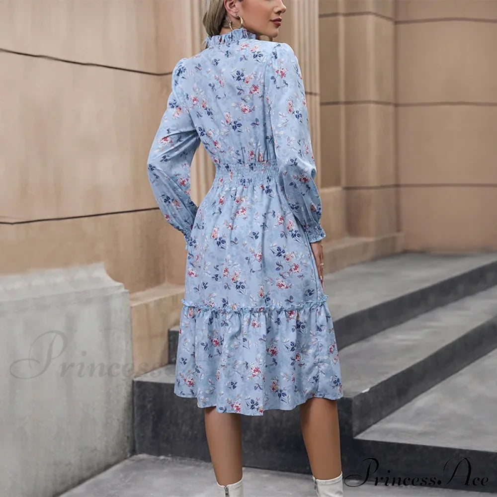 2024 Long Sleeve Printed A-Link Skirt Vestido De Cuello V Cerrado Summer Women Clothing Floral Dress