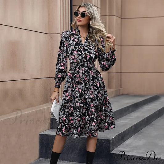 2024 Long Sleeve Printed A-Link Skirt Vestido De Cuello V Cerrado Summer Women Clothing Floral