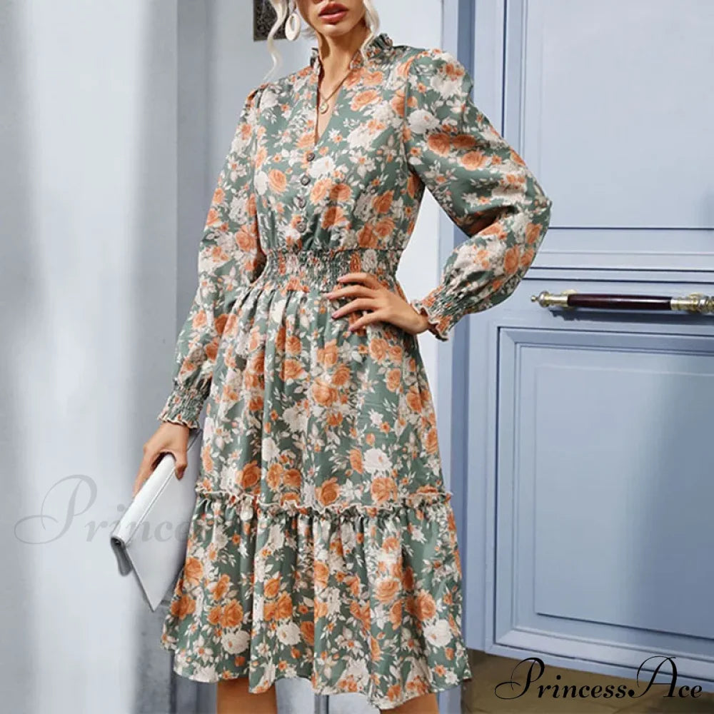 2024 Long Sleeve Printed A-Link Skirt Vestido De Cuello V Cerrado Summer Women Clothing Floral