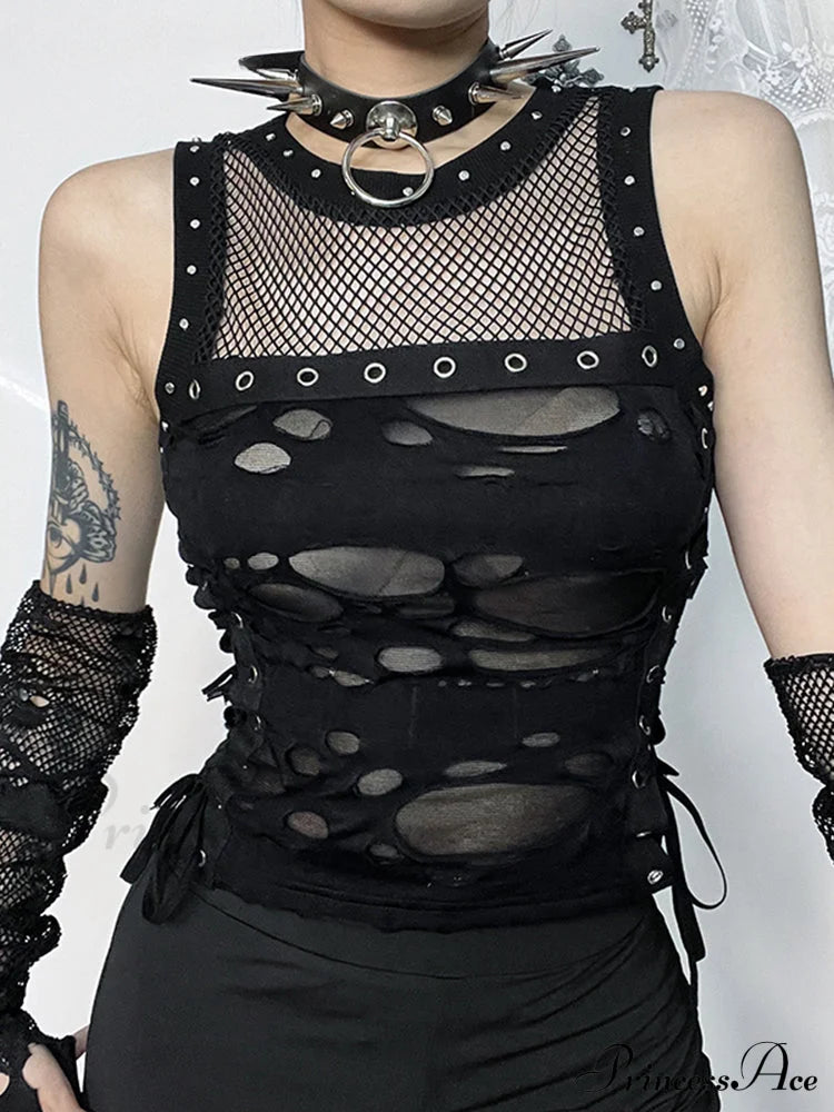 2024 Mall Gothic Sexy Hole See Through Lace-Up Streetwear Cyber Punk Rave Fashion Crop Top Halloween