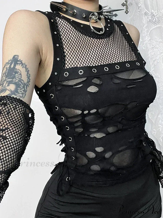 2024 Mall Gothic Sexy Hole See Through Lace-Up Streetwear Cyber Punk Rave Fashion Crop Top Just