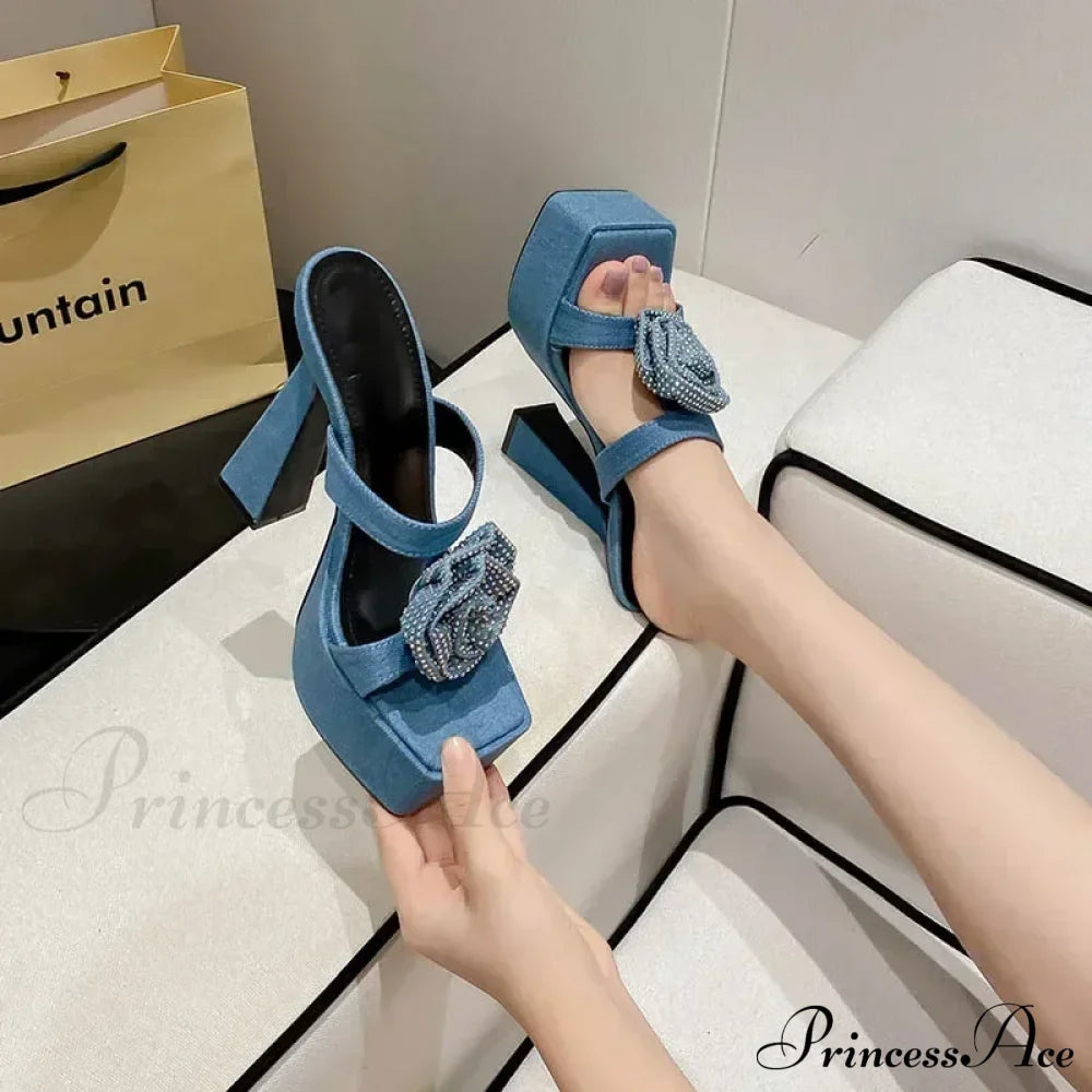 2024 New Denim Blue Rhinestone Rose Flower Chic Peep Toe Square High Heels Gladiator Heel