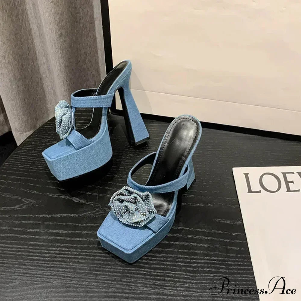 2024 New Denim Blue Rhinestone Rose Flower Chic Peep Toe Square High Heels Gladiator Heel