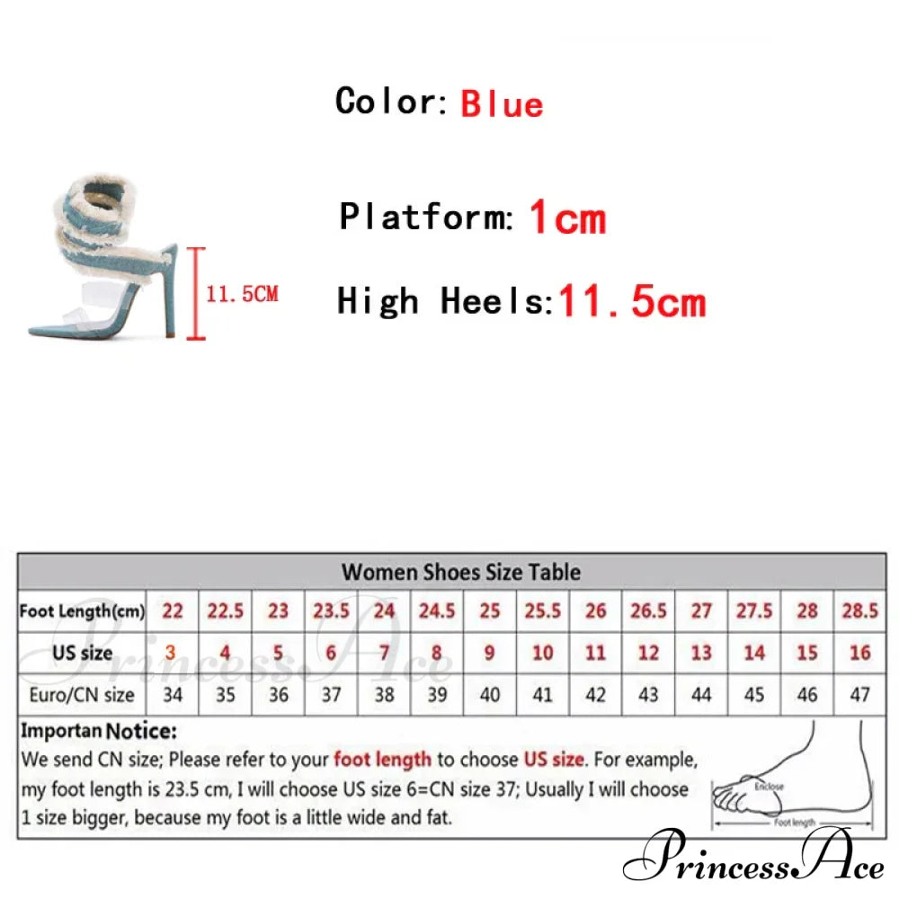 2024 New Design Denim Ankle Snake Surround Strap Sandal Women Transparent Pvc Summer High Heels