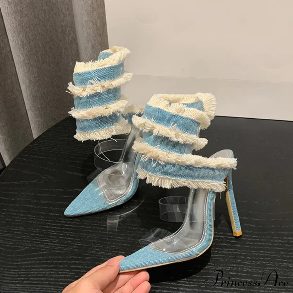 2024 New Design Denim Ankle Snake Surround Strap Sandal Women Transparent Pvc Summer High Heels