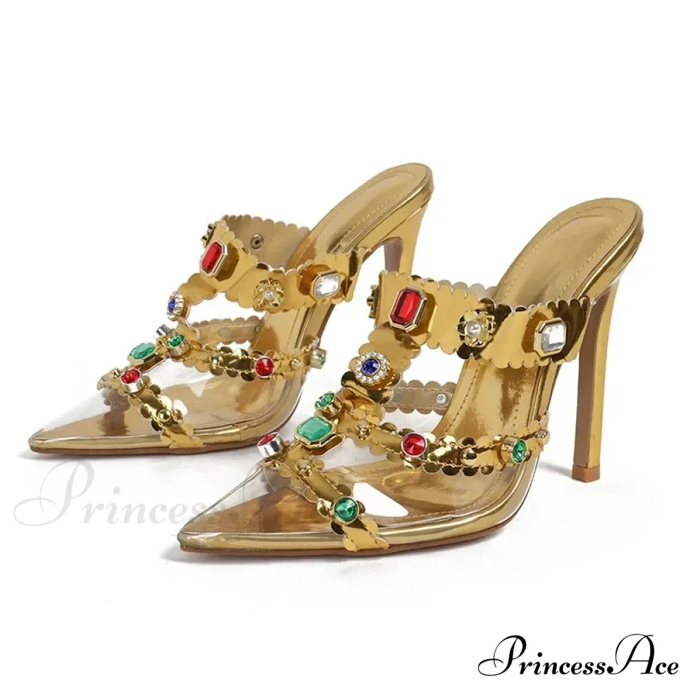 2024 New Design Rhinestone Women Pumps Slippers Sexy Pointed Toe Baotou Transparent Pvc Thin High