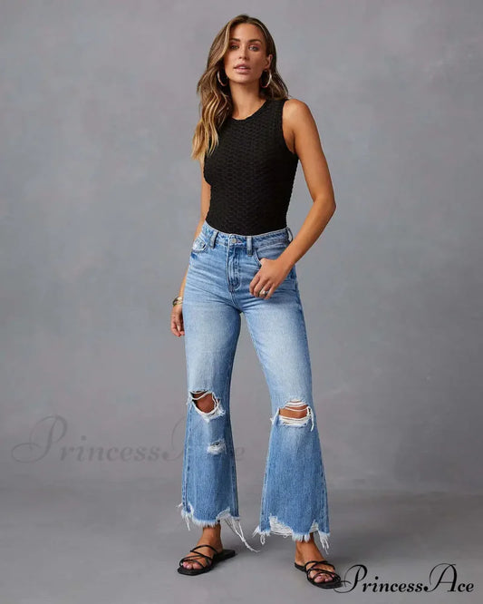 2024 New Fashion High Waist Straight Denim Vintage Tassel Women Baggy Spring Summer Blue Jean