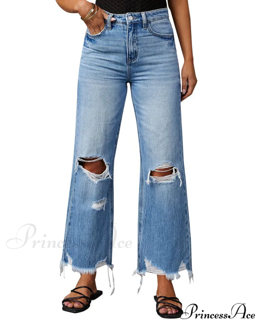 2024 New Fashion High Waist Straight Denim Vintage Tassel Women Baggy Spring Summer Blue Jean / S