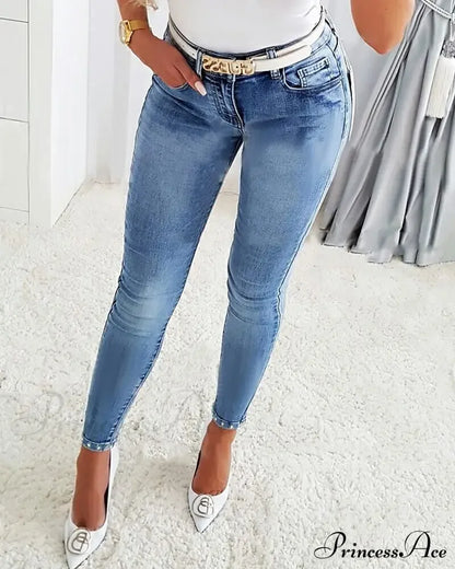 2024 New For Woman Butterfly Pattern Rhinestone Beaded Split Hem Skinny All-Match Pencil Denim Jean