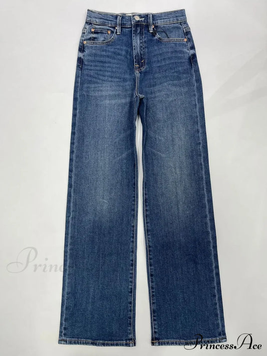 2024 New High-Waisted Wide-Leg Straight Women Solid-Color Embroidered Letter Denim Long Jean Royal