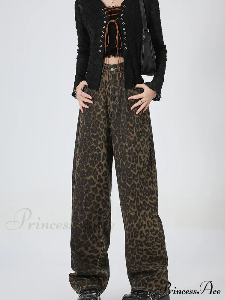 2024 New Leopard Print Wide Leg Women High Waisted Fashion Streetwear Retro Y2K Denim Baggy Casual