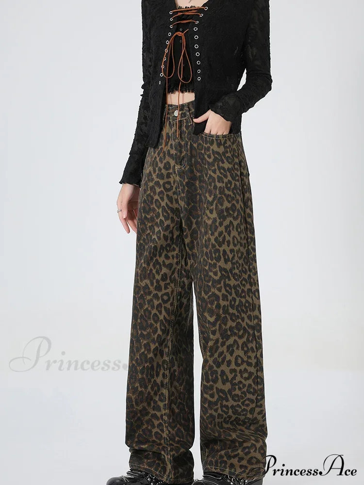 2024 New Leopard Print Wide Leg Women High Waisted Fashion Streetwear Retro Y2K Denim Baggy Casual