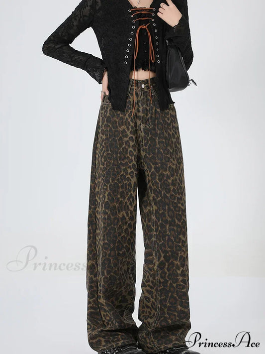 2024 New Leopard Print Wide Leg Women High Waisted Fashion Streetwear Retro Y2K Denim Baggy Casual