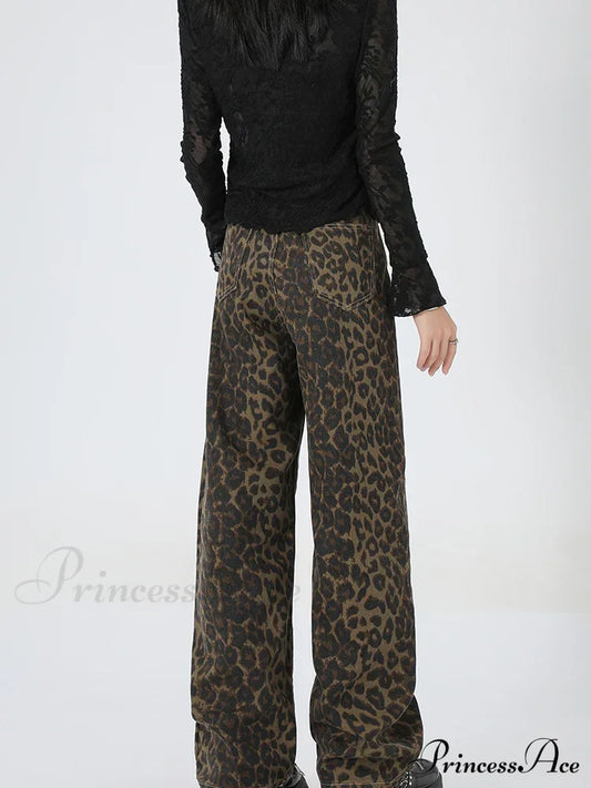 2024 New Leopard Print Wide Leg Women High Waisted Fashion Streetwear Retro Y2K Denim Baggy Casual