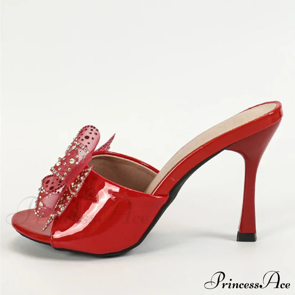 2024 New Patent Leather Peep Toe Crystal Mesh Bowknot High Heel