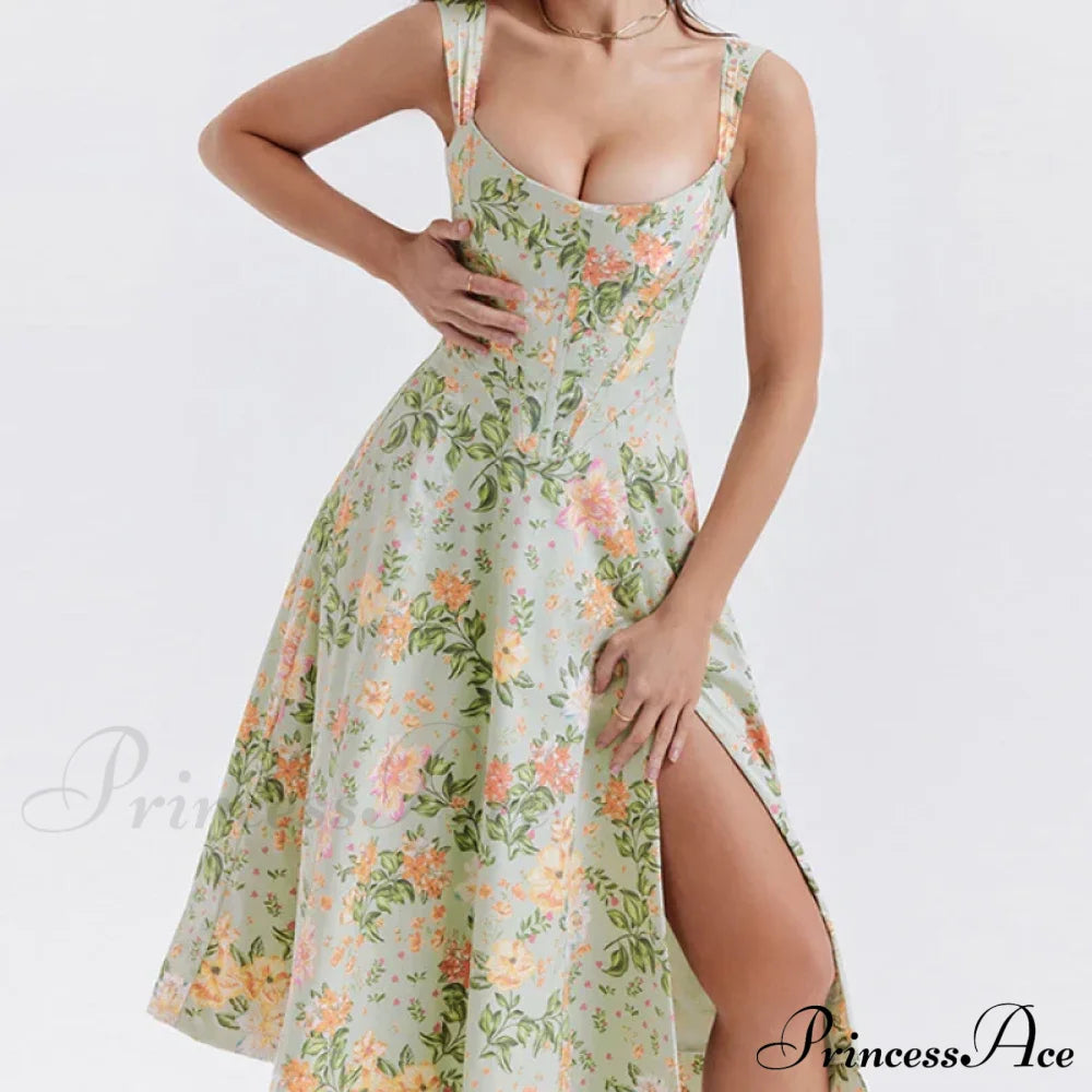 2024 Slip Spring And Summer Thin Ribbon Split Long Es For Women Floral Dress