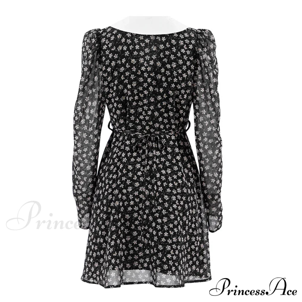 2024 Spring French Puff Sleeve Women’s Doll Collar Waist Long A-Link Skirt Summer Floral Dress