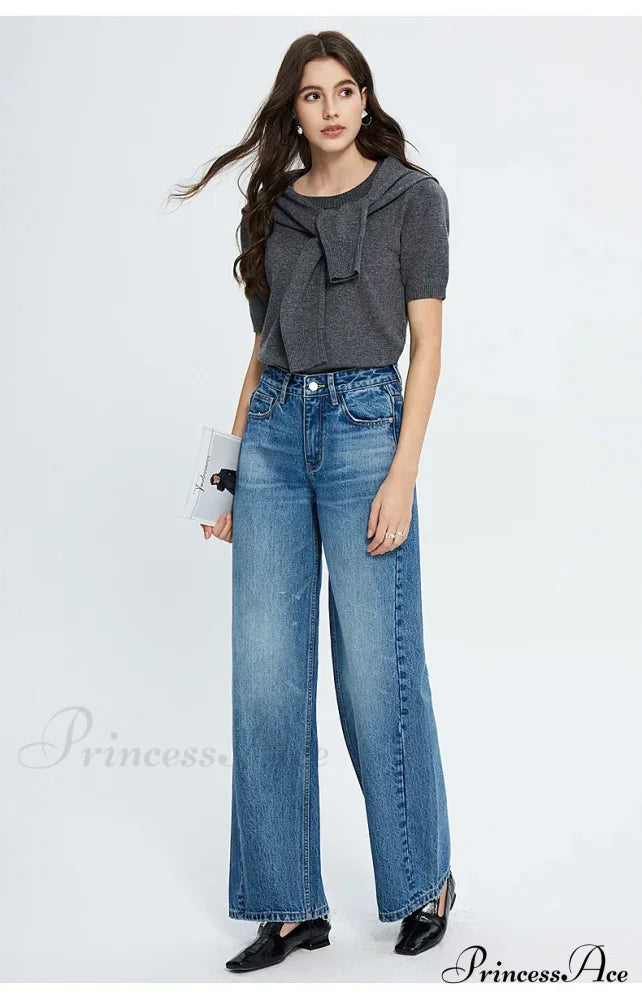 2024 Spring New High-Waisted Loose Slimming Wide-Leg Denim Versatile Floor-Length Jean