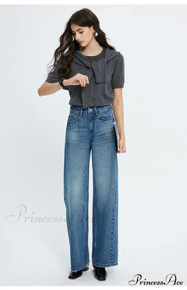 2024 Spring New High-Waisted Loose Slimming Wide-Leg Denim Versatile Floor-Length Jean