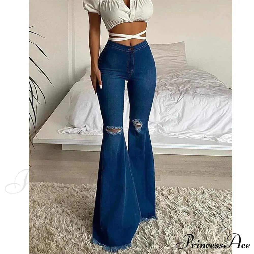 2024 Spring Summer Flare For Woman Ripped Raw Edge Flared Women’s Butt-Lifting High Waisted Denim