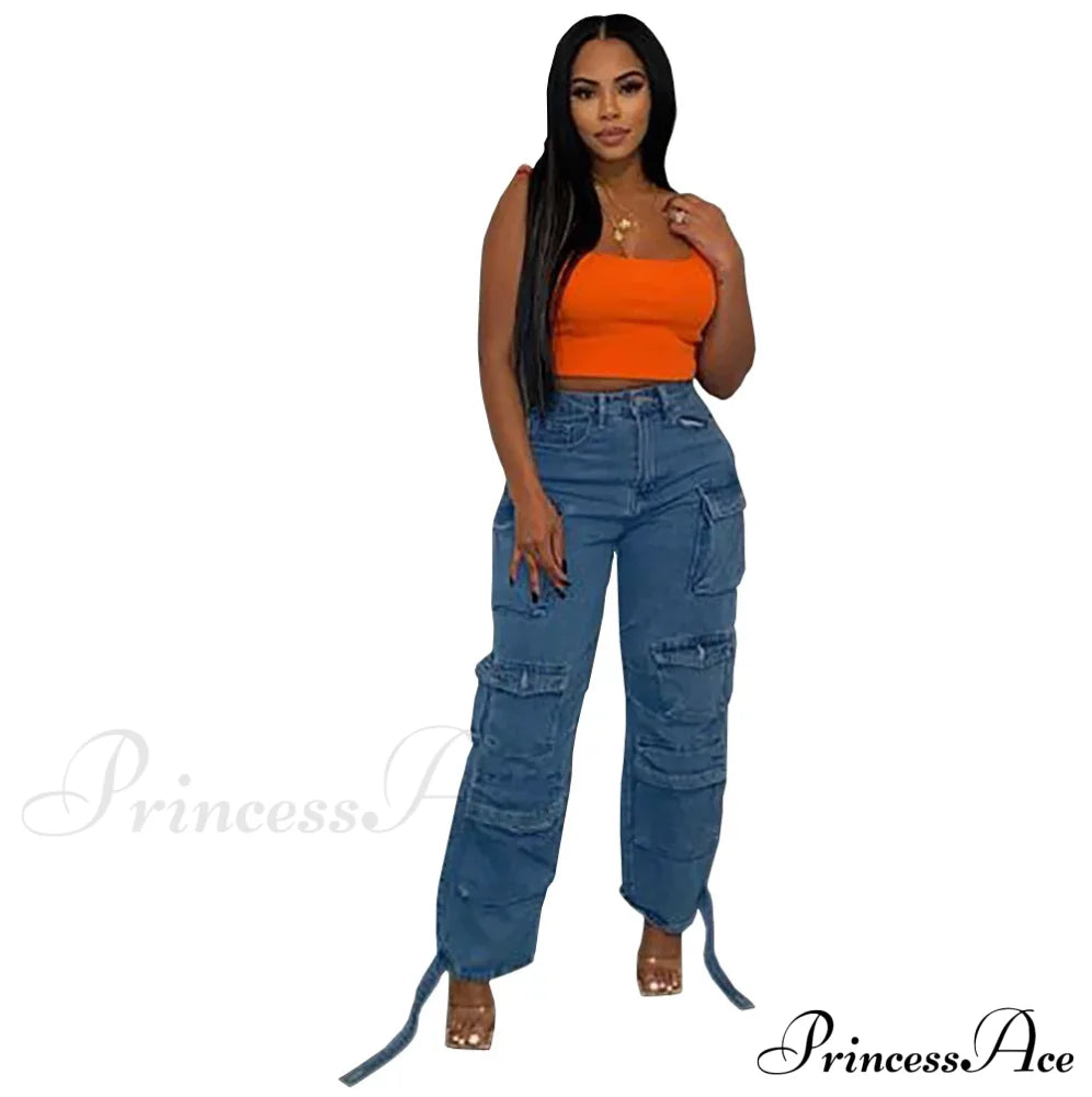 2024 Straight Denim Streetwear Fashion Pocket Front Lace Hem Cargo Wide Leg Jean