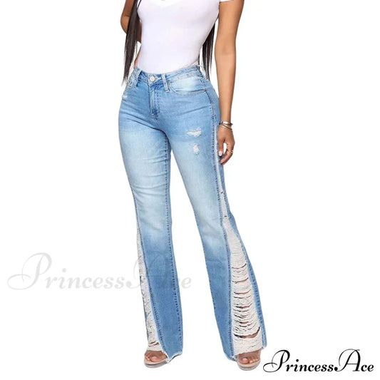 2024 Stretch Women’s Fashion Leg Side Hole Flare High Waist Sexy Fringe Ripped Hollow Denim