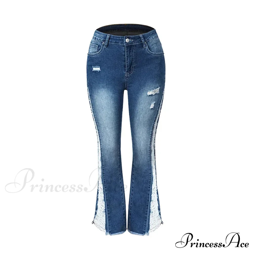 2024 Stretch Women’s Fashion Leg Side Hole Flare High Waist Sexy Fringe Ripped Hollow Denim